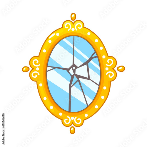 Broken cartoon mirror.Gold vintage mirror in oval shape has cracks.