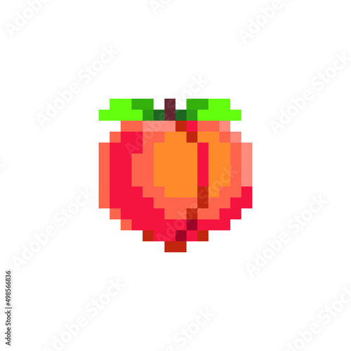 Peach pixel art icon, fruit logo. Isolated vector illustration. Game assets 8-bit sprite. Design for stickers, web, mobile app.