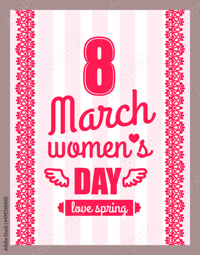 Banner for International Womens Day. Flyer for March 8 with decor and different fonts. Template of spring holiday greeting card. Number 8 with ribbon text and decorations on pink background