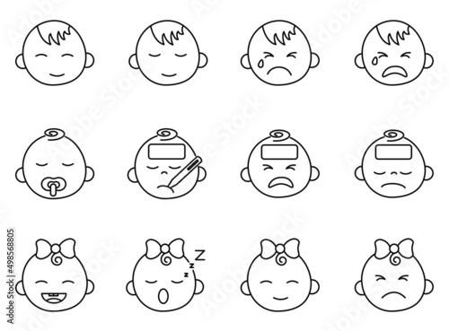 Baby face icon, happy, crying, sleeping.