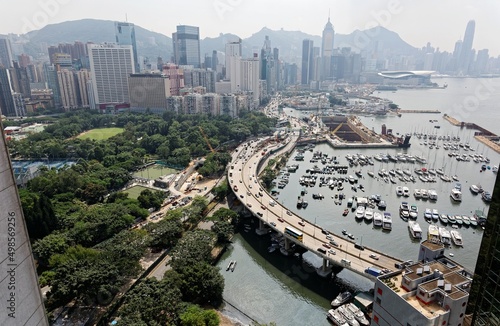 Photography Aerial scenery of Hong Kong on a hazy day with view of crowded skyscrapers by th
