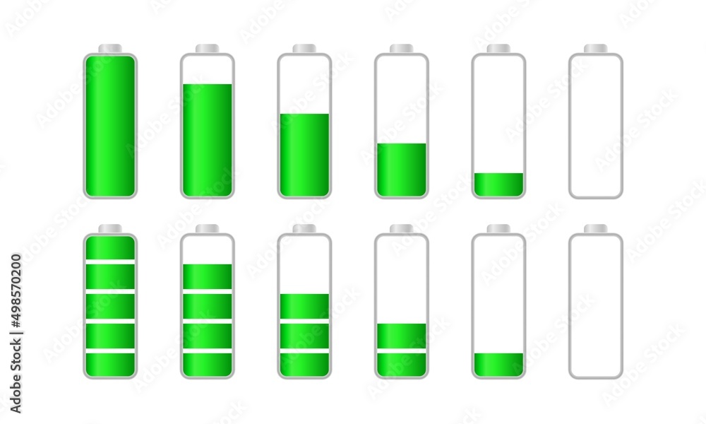 Degree of battery charge. Green power indicator level with maximum and minimum vector charge stages Degree of battery charge. Green power indicator level with maximum and minimum vector charge stages