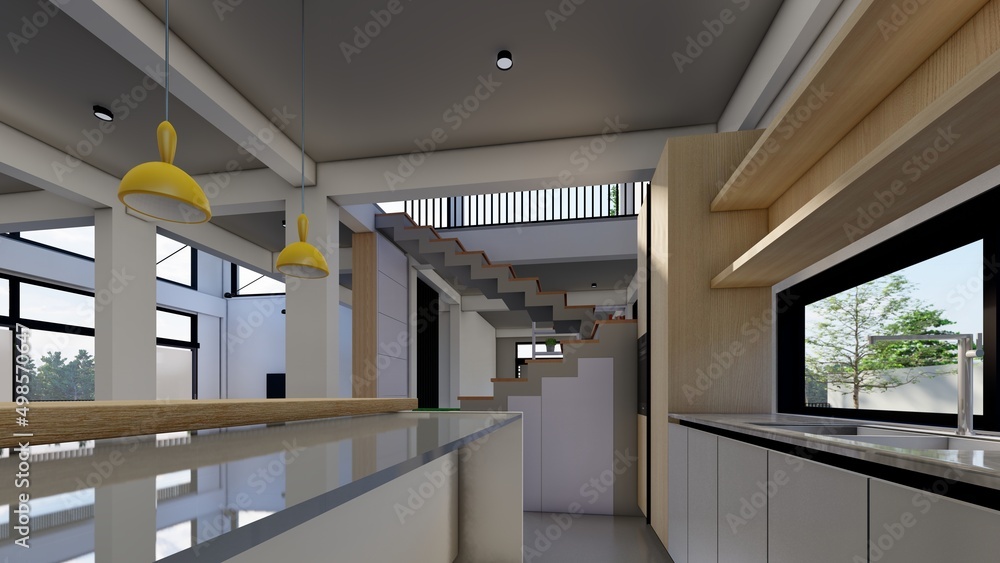bright island kitchen of a country house 3d illustration bright island kitchen of a country house 3d illustration