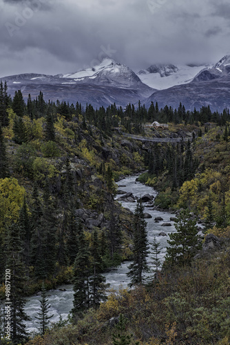 Tutshi river fall colors with footbridge Northern British Columbia, Canada