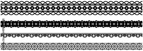 Set of wide lace ribbons with print. Black design elements isolated on white background. Seamless pattern for creating style of card with ornaments. Lace decoration template, ribbons for design