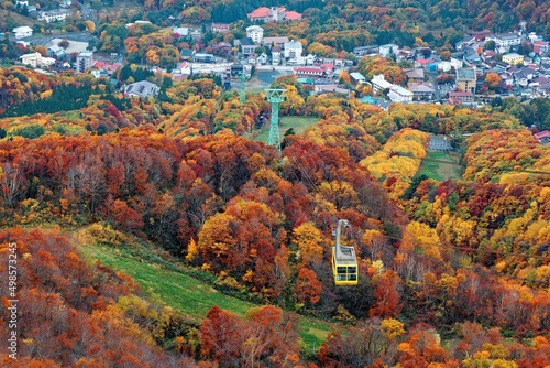 фотографія Aerial view of a scenic cable car flying over the beautiful autumn valley of Zao, a famous resort for skiing and onsen in Yamagata, Tohoku, Japan