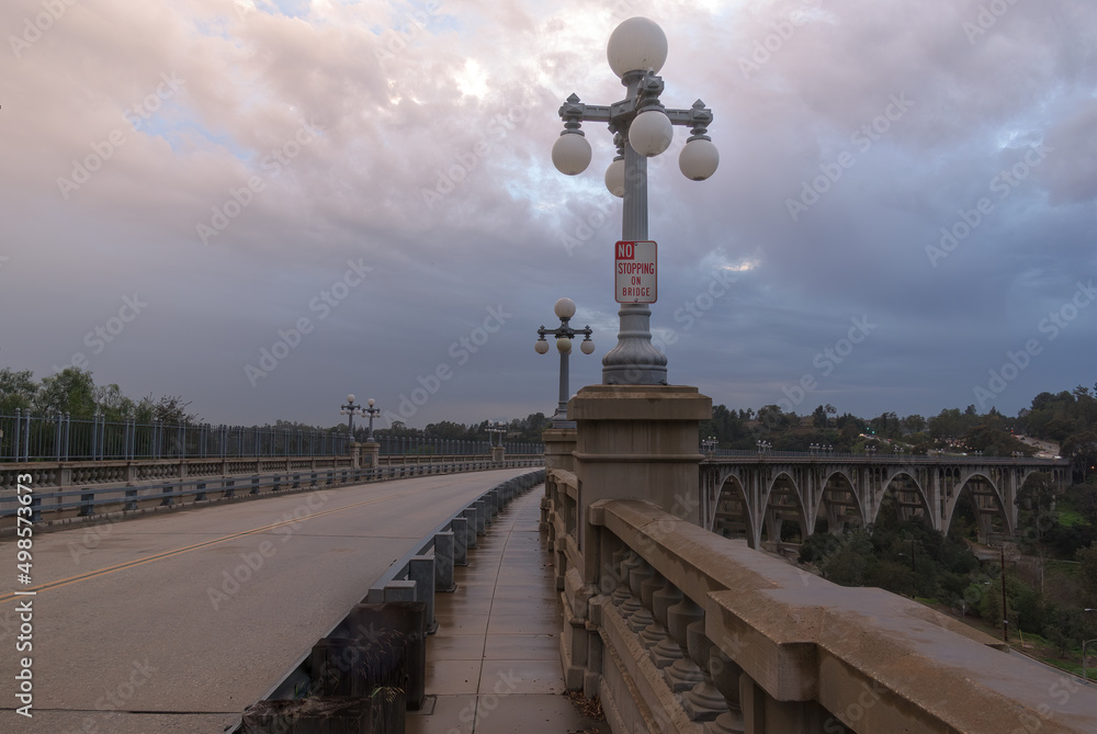 Image of the landmark Colorado Street Bridge in Pasadena in Los Angeles County shown after a rainstorm.