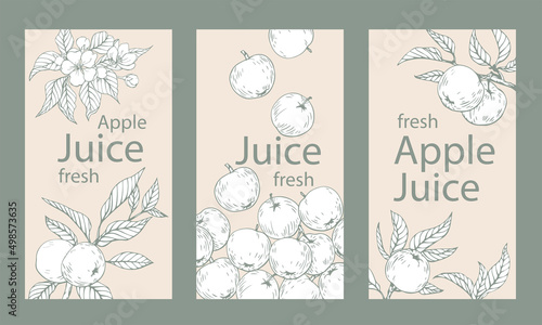 Vintage templates of apple juice. Hand drawn elements. Beige and green. Vector illustration for design packaging