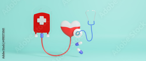 Blood donation concept with blood bag and heart blood donation, stethoscope, pills and blood pressure medical, health care concept, world blood donor day, medical sign on June 14, 3d rendering