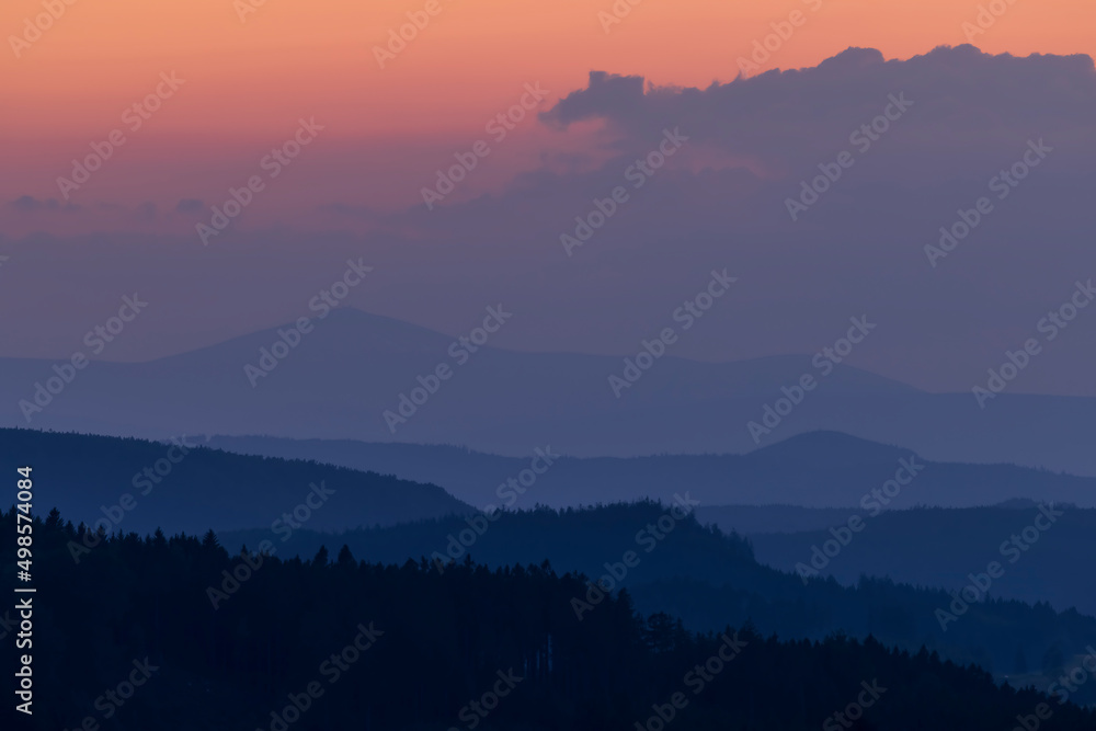 landscape with the Giant Mountains in the background at sunset, Czech Republic
