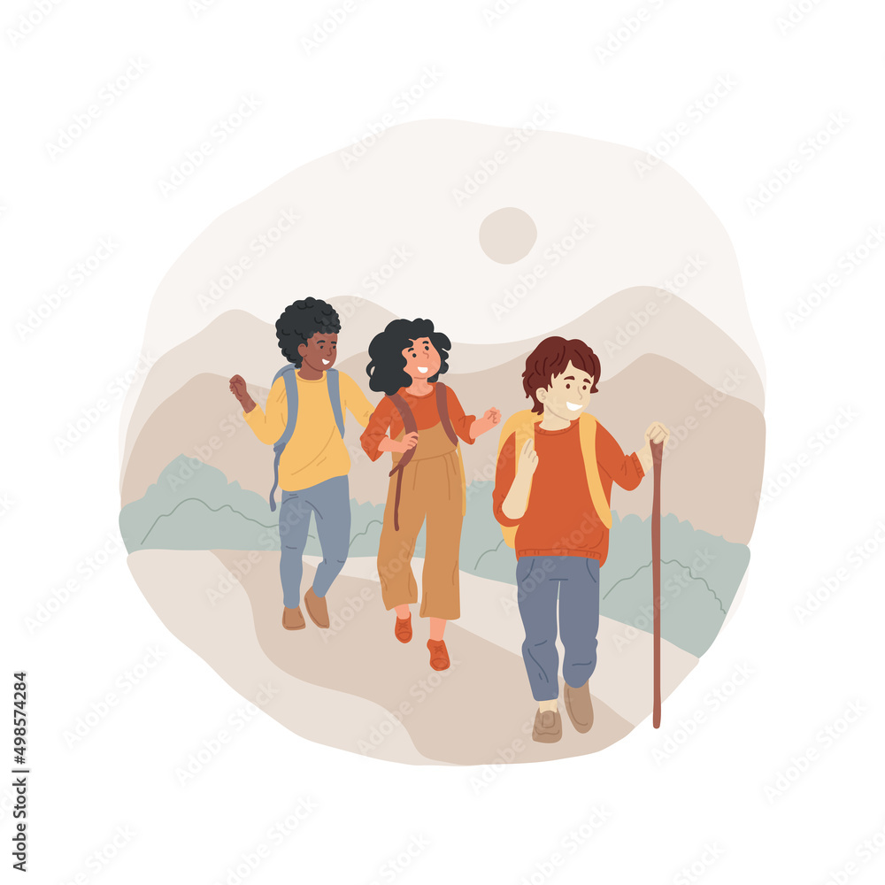 Hiking summer camp isolated cartoon vector illustration. Child hiking in the mountains, backpacking adventure, wild camping, nature exposure, outdoor activity, summer camp vector cartoon. Hiking summer camp isolated cartoon vector illustration. Child hiking in the mountains, backpacking adventure, wild camping, nature exposure, outdoor activity, summer camp vector cartoon.