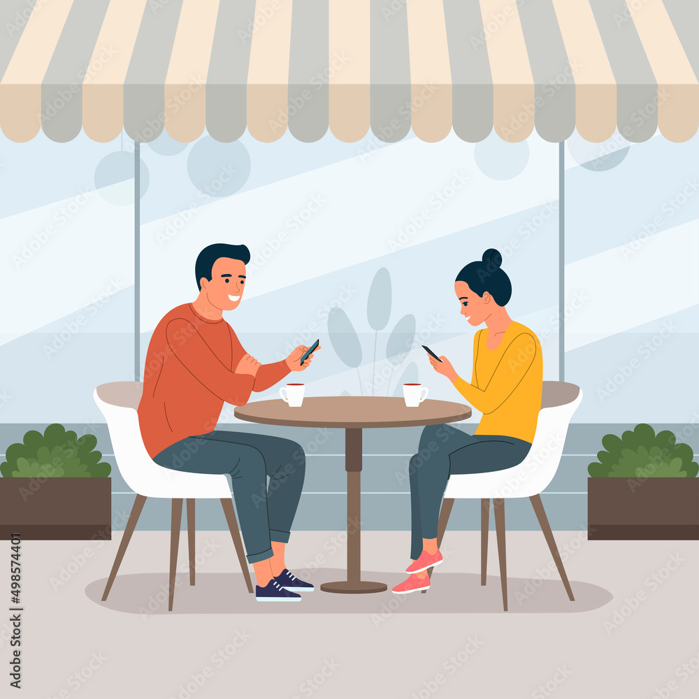 Young  man and woman sitting on the chairs  with smartphones in the cafe.  Vector flat illustration