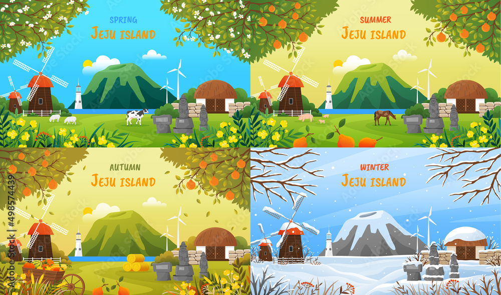 JeJu Island in autumn, winter, spring, summer. Beautiful different