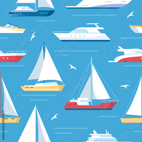 Maritime ships. Vector seamless pattern of ship at sea, sailboats, speedboat, yacht, sailboat, cruiser. Water ocean transport boat in flat style. Sea marine travel background for fabric and textile