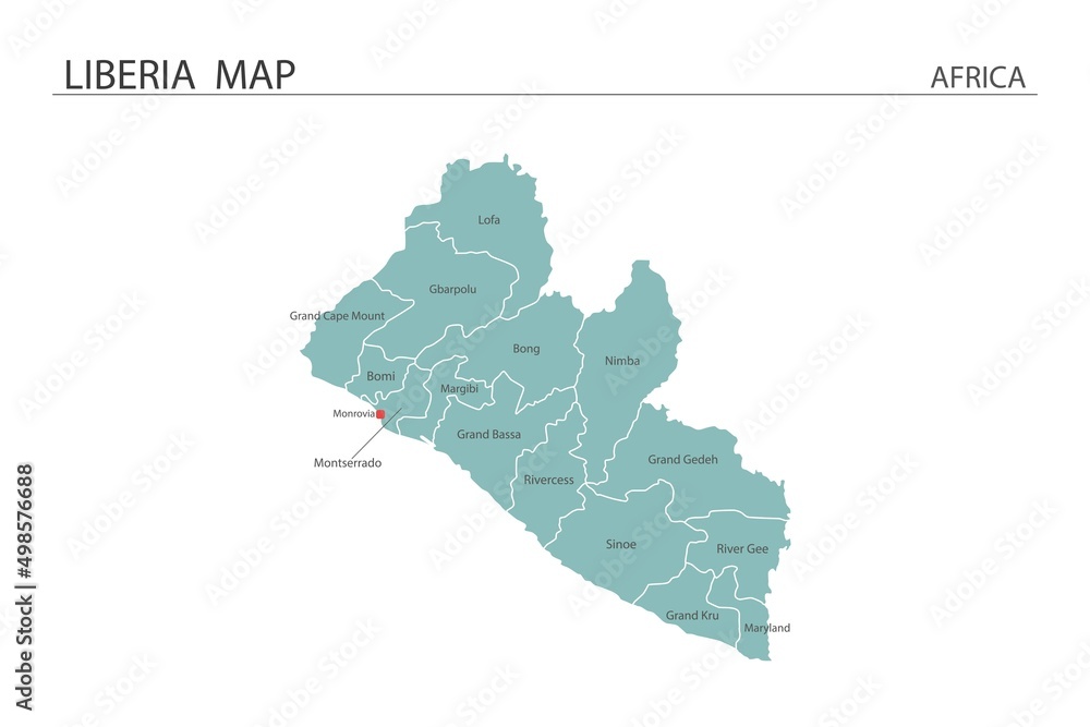 Liberia map vector illustration on white background. Map have all province and mark the capital city of Liberia.