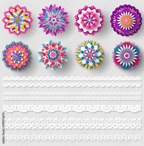 Set of different lace ribbons and colorful ornament samples. Creative design elements isolated on white background. Seamless pattern for creating style, decor. Lace decoration template, print