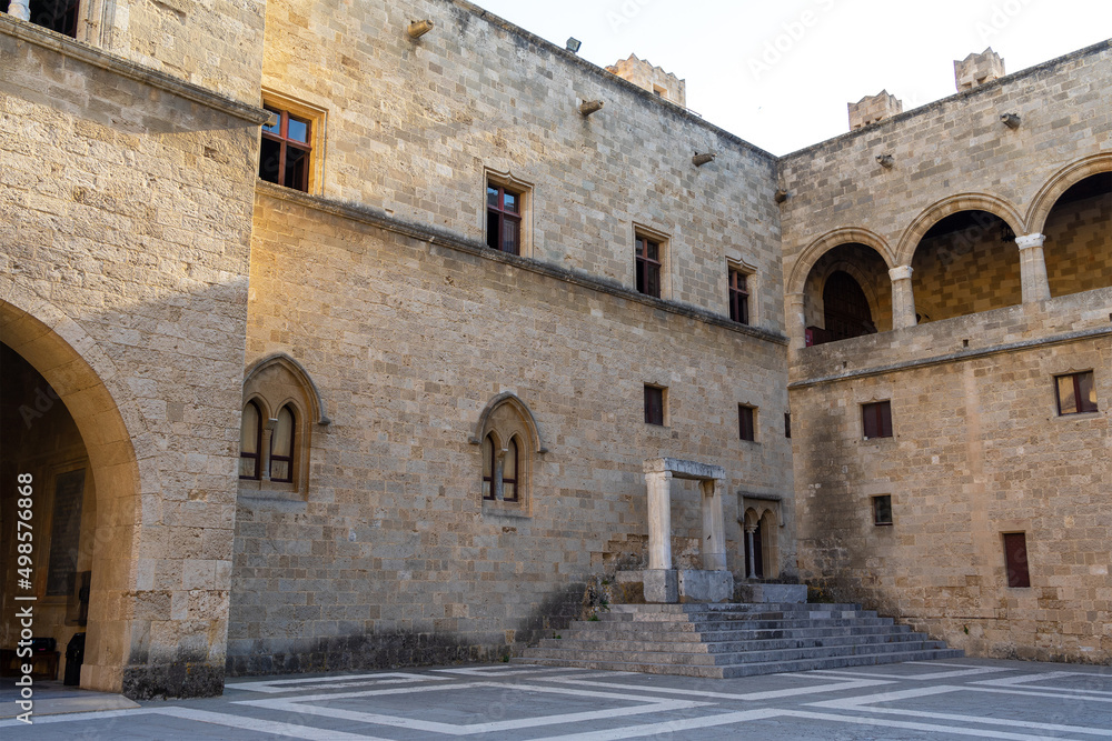 Courtyard of Palace of the Grand Master of the Knights of Rhodes or Kastello. Medieval castle in the city of Rhodes, on the island of Rhodes in Greece. Citadel of the Knights Hospitaller
