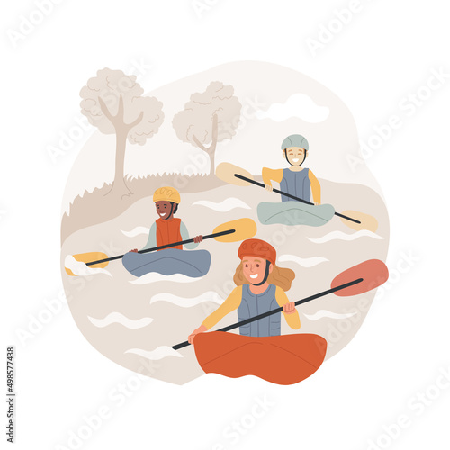 Kayaking camp isolated cartoon vector illustration. Children kayaking, canoeing adventure, rafting activity for kids, rowing team, spot summer camp, outdoor classes, education vector cartoon.