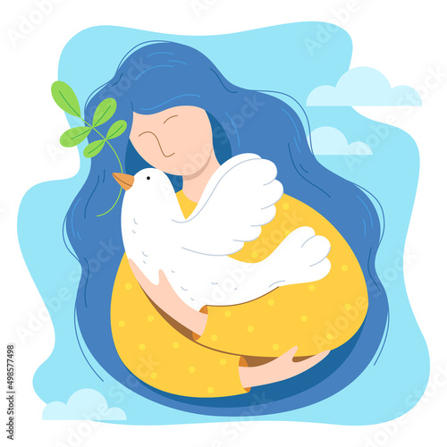 woman hugs white bird with olive branch, a symbol of Ukraine. Dove of peace in flat style