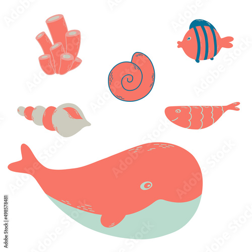 Seashell, coral, fishes and whale vector set. Hand drawn illustrations. Cute collection in flat style isolated on the white background.
