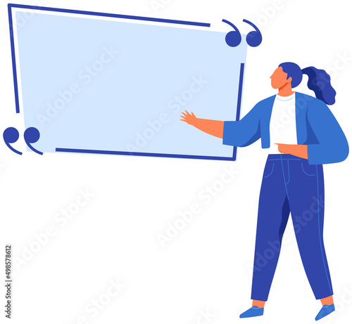 Woman points to huge speech bubble vector illustration. Communication, dialogue, conversation symbol. Free talk, colloquial speech concept. Lady says phrase, saying. Bubble for text with conversation