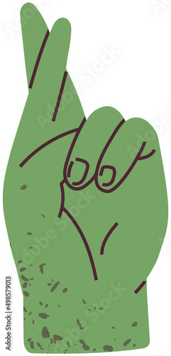 Symbol of hope for good luck. isolated on white background. Hand with crossed index and middle fingers. Green human hand showing good luck gesture. Fingers crossed as sign of hope for success