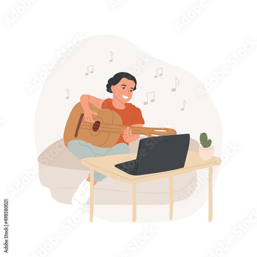 Guitar online class isolated cartoon vector illustration. Learn play instrument online, digital music class for kids, guitar virtual camp, remote education, summer program vector cartoon.