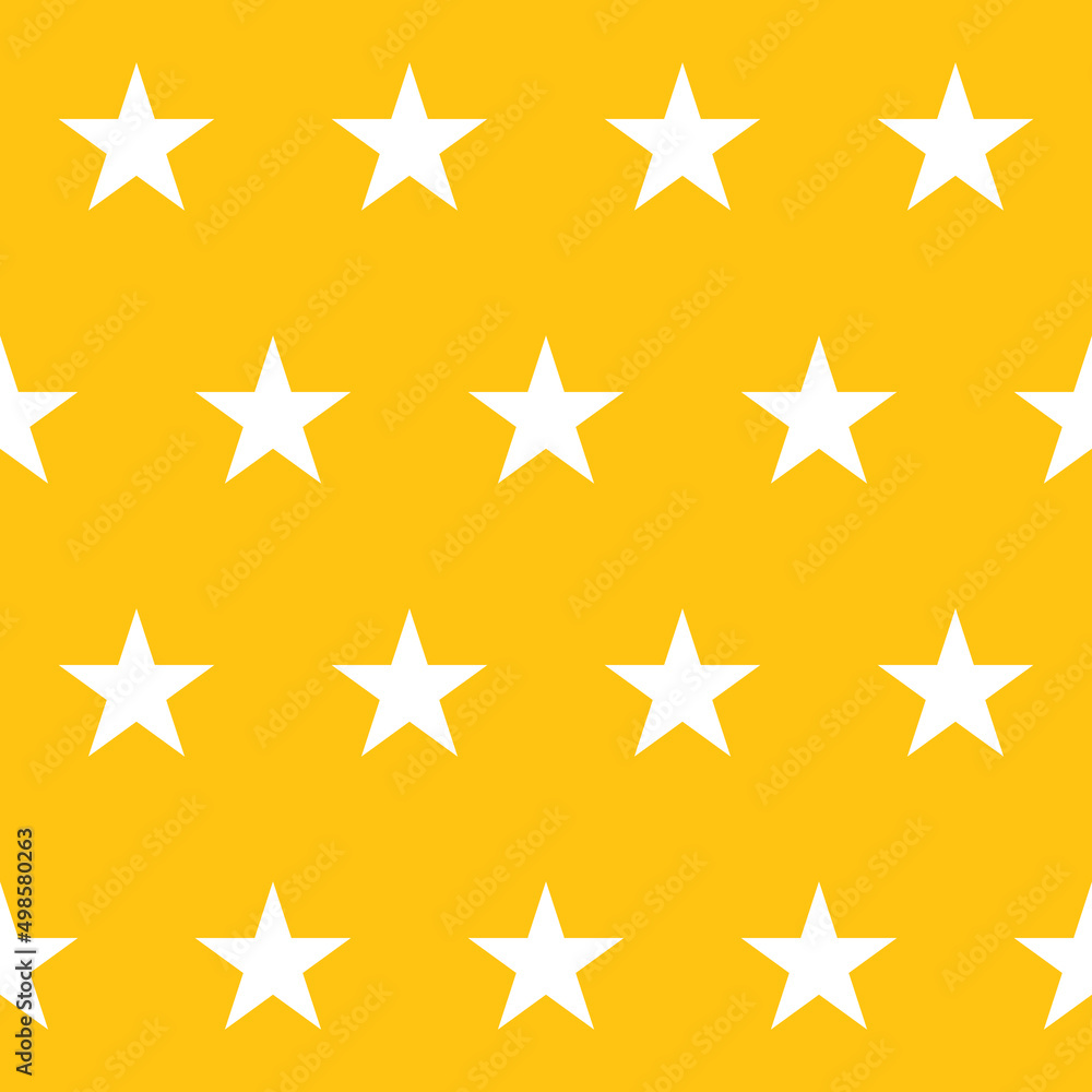 Obraz premium Abstract background seamless pattern tile vector. White stars on bright yellow background. Geometric shapes regular ornament. Repeating texture. Backdrop. Wallpaper. Gift wrapping paper. Fabric print.