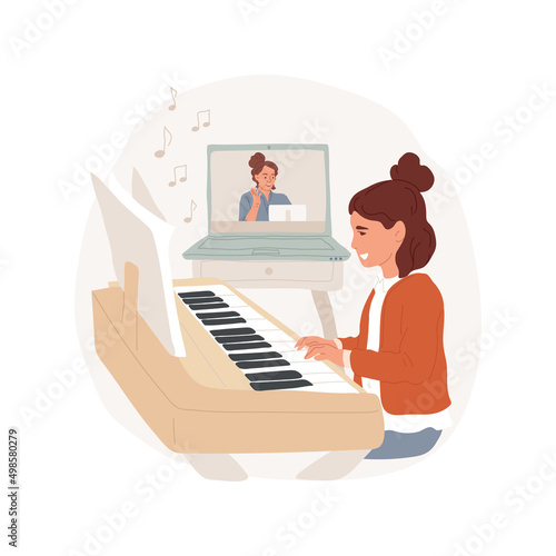 Piano online class isolated cartoon vector illustration. Music virtual camp, after school digital lesson, art summer program, child plays piano, remote class, online tutoring vector cartoon.
