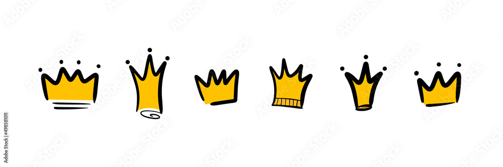Set, collection of doodle, hand drawn golden crowns. Vector crown icons.
Set, collection of doodle, hand drawn golden crowns. Vector crown icons.