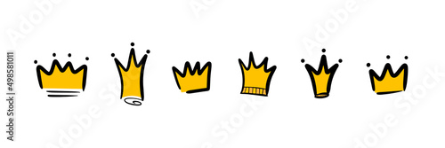 Set, collection of doodle, hand drawn golden crowns. Vector crown icons. 