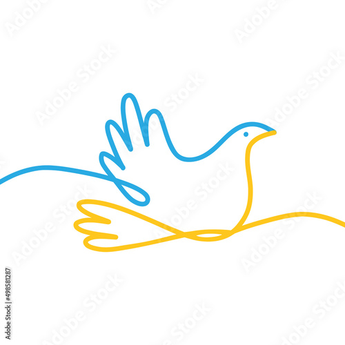 Symbol of peace linear dove with a branch in the colors of the Ukrainian flag. One line drawing. .Vector isolated  © Kislinka_K