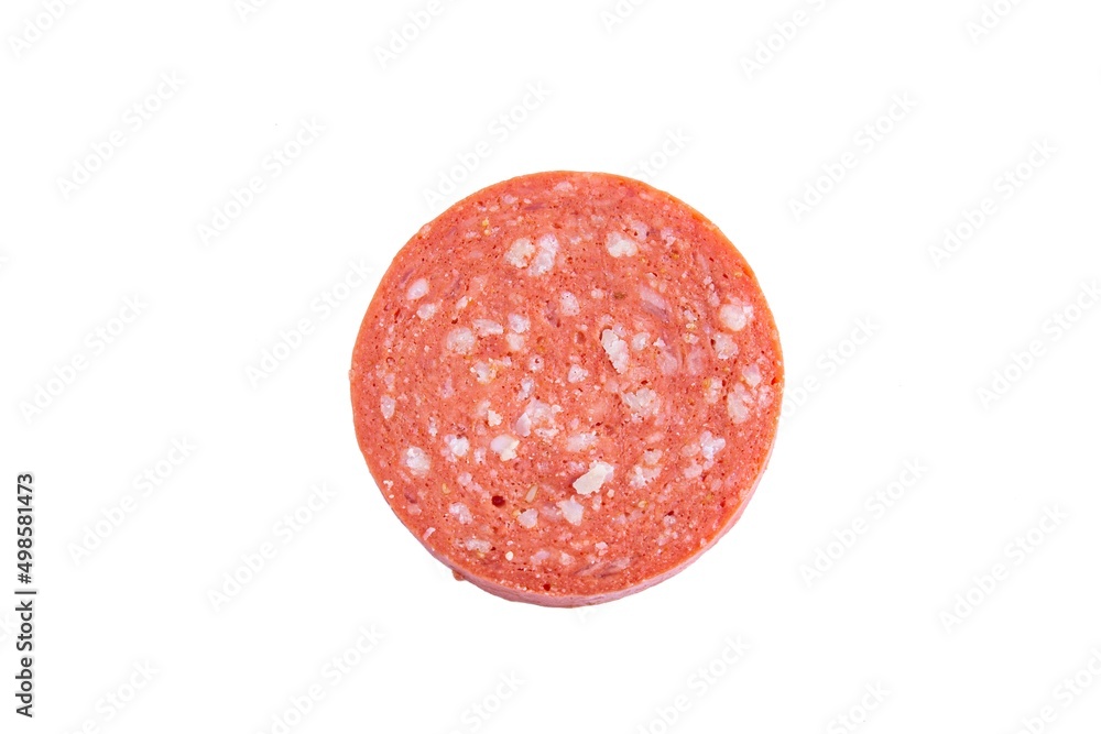 Sliced sucuk or sausage isolated on white background, top view Sliced sucuk or sausage isolated on white background, top view