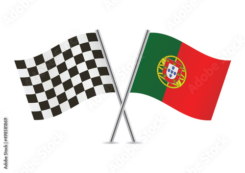 Checkered (racing) and Portugal crossed flags, isolated on white background. Vector icon set. Vector illustration.