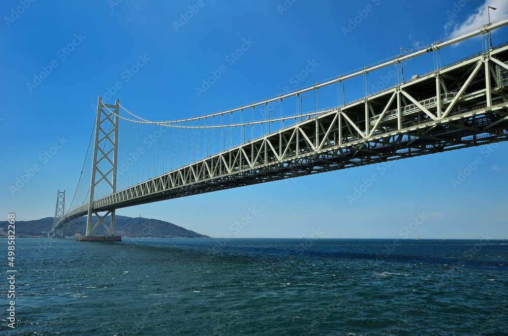 世界最長の吊り橋明石海峡大橋と青空