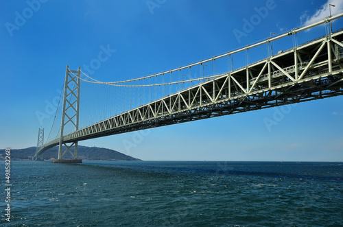 世界最長の吊り橋明石海峡大橋と青空