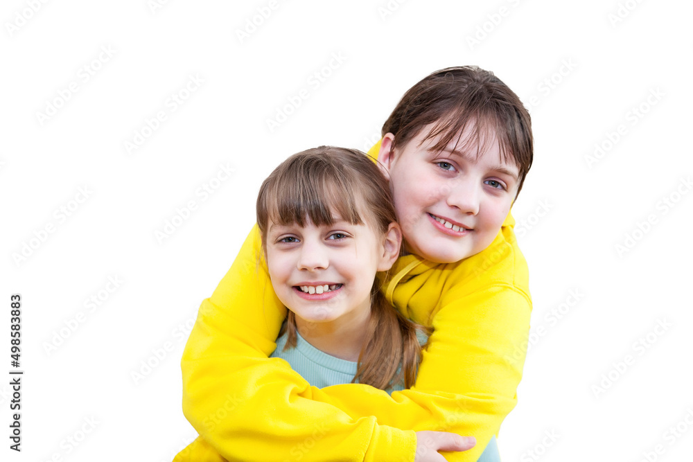 Two sisters hugging and having fun in studio on white background. age difference Two sisters hugging and having fun in studio on white background. age difference