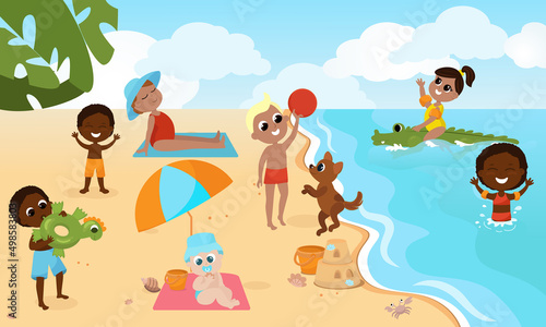 Children relax on the beach  sunbathe  play with a dog  swim on a crocodile water mattress  swim on the water  sit under a sun umbrella. Cartoon illustration of summer vacation and activity.