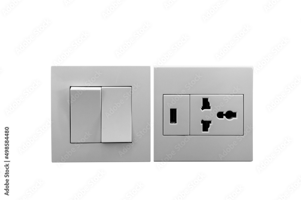 Modern style white power sockets and switches give a feeling of luxury. Clipping path on white isolated background Modern style white power sockets and switches give a feeling of luxury. Clipping path on white isolated background