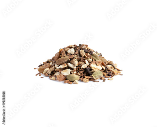 Heap of mulling spices for mulled wine. Dried fruit peel, clove, ginger and other condiment