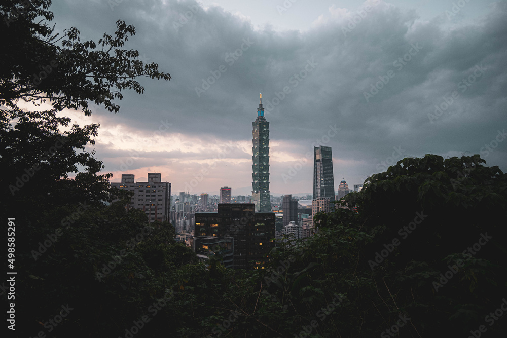 Fototapeta premium Scenic view of the Taipei 101 Observatory against green trees in Taiwan on a gloomy day