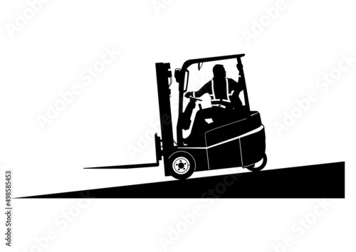 Silhouette of empty forklift travelling on a slope. Vector.