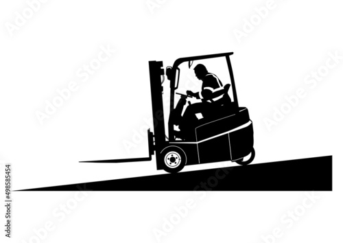 Silhouette of empty forklift travelling on a slope. Vector.