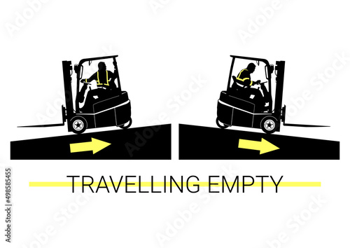 Silhouette of empty forklift travelling on a slope. Vector.