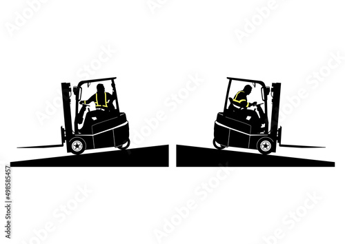 Silhouette of empty forklift travelling on a slope. Vector.