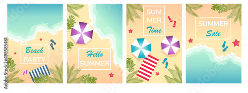 Set of summer travel flyers with beach items and wave. Tropical beach cards with sand, sea and palm trees. Vector illustration