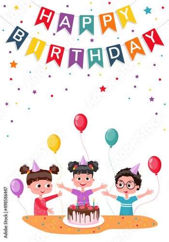 Diverse children  children  teenagers celebrate birthday fun  decorations. Birthday cake. Greeting card template. Vector cartoon