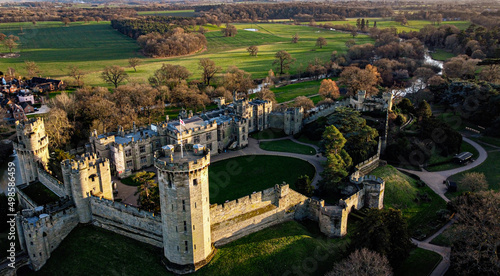 Drone view of the Warwick castle in the daytime. photo