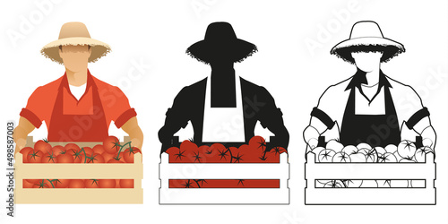 Three versions of farmer carrying a box of tomatoes isolated on white background