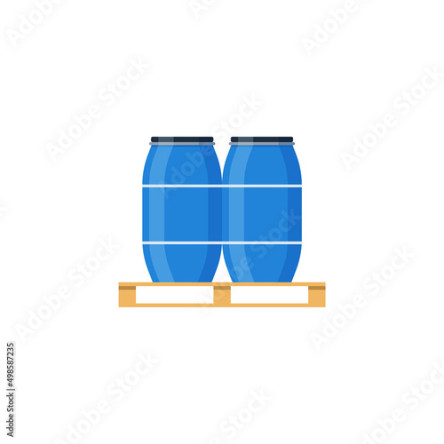 Plastic storage barrel containers on pallet, flat vector illustration isolated.